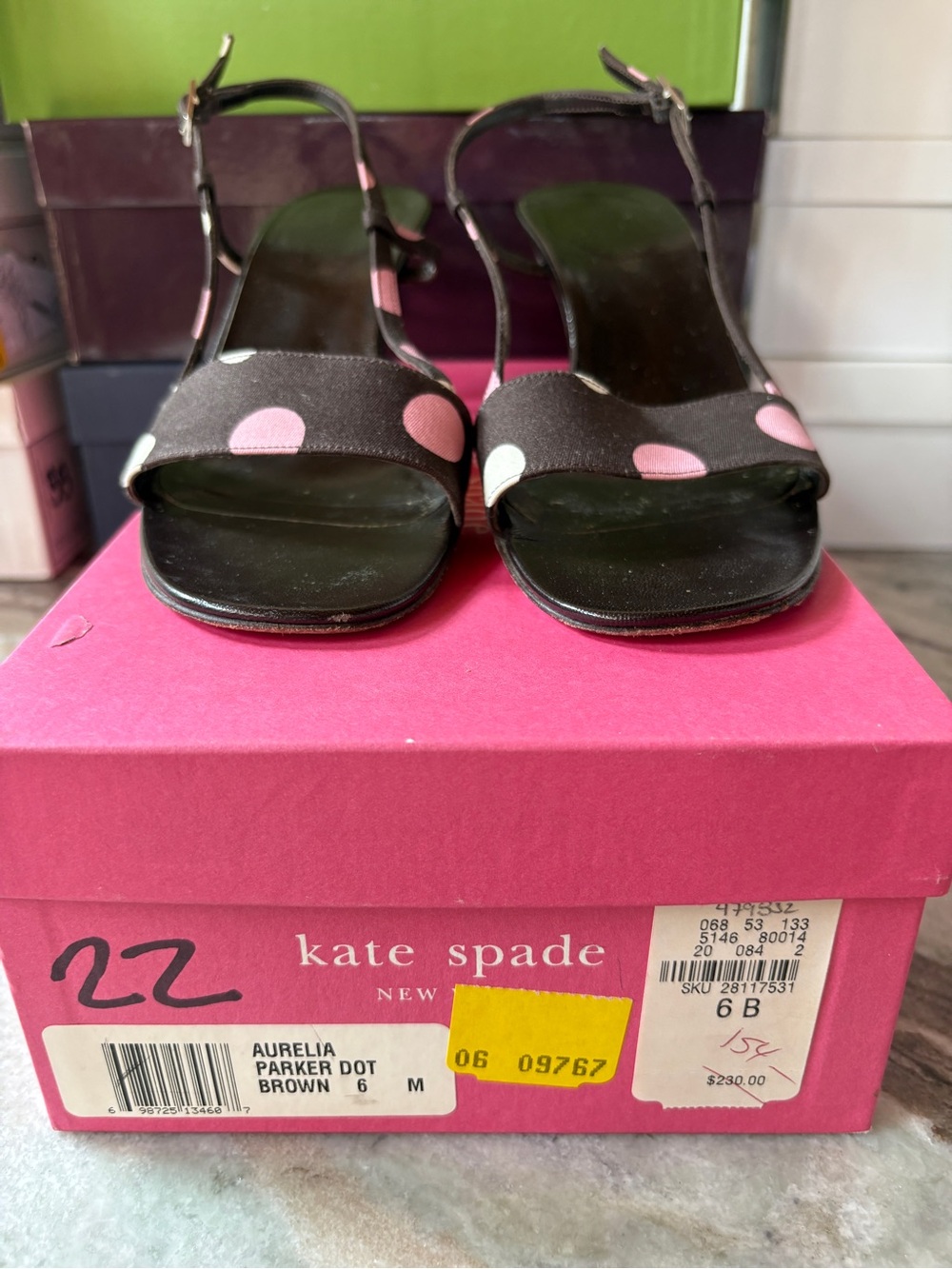 kate spade brown open-toe heels with pink polka dots